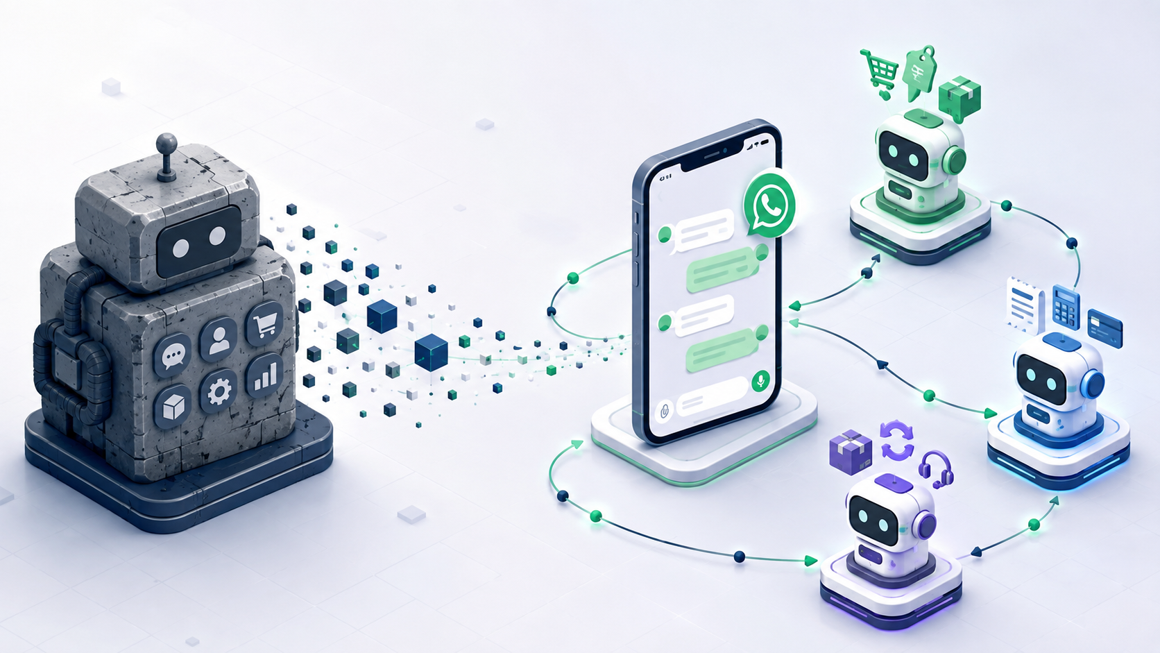 Visualización de un equipo de agentes de IA coordinados para atención al cliente mediante WhatsApp.